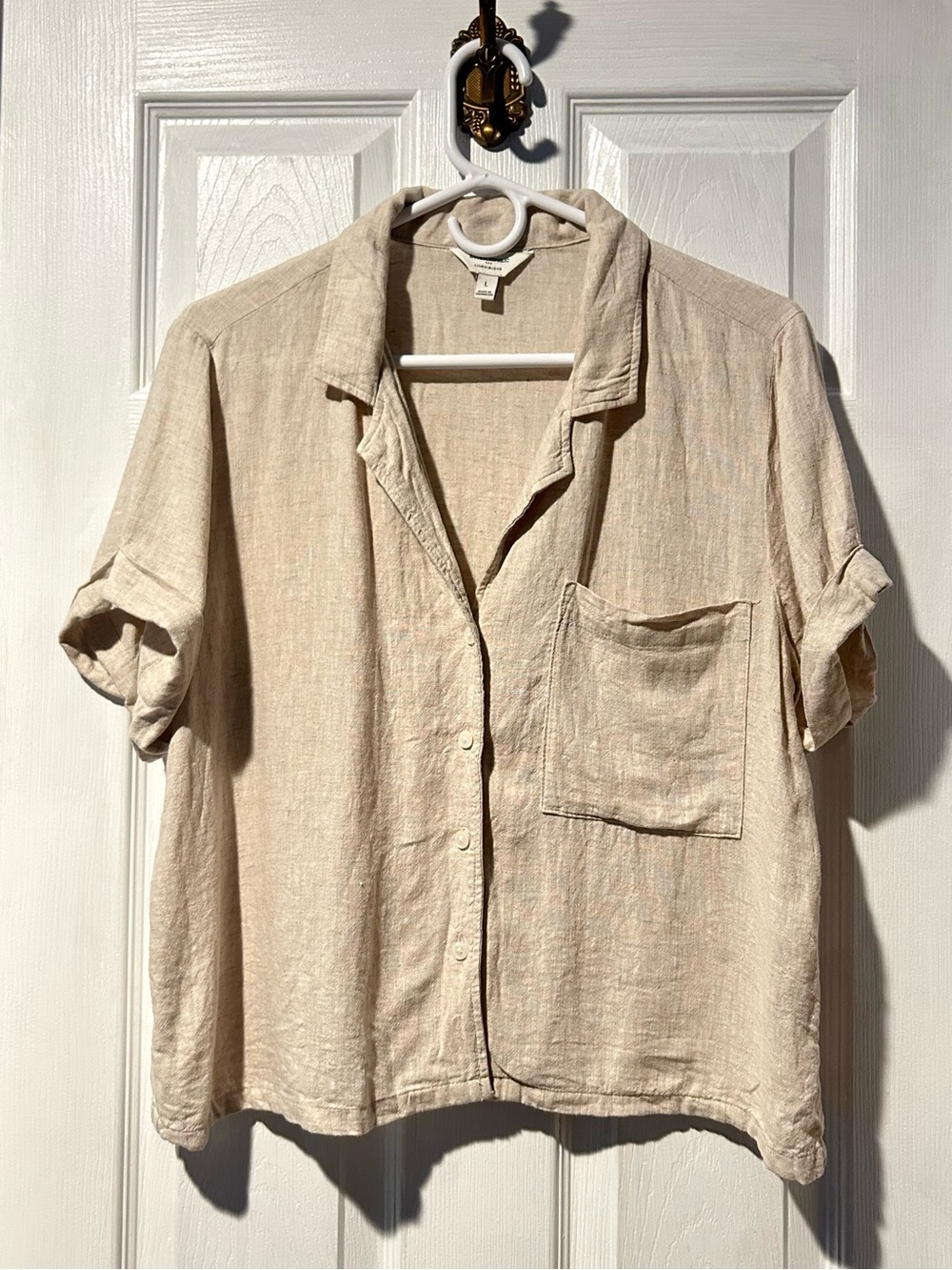 Banana Republic Linen Blend Boxy Cut Button Down Shirt Womens Size Large Beige